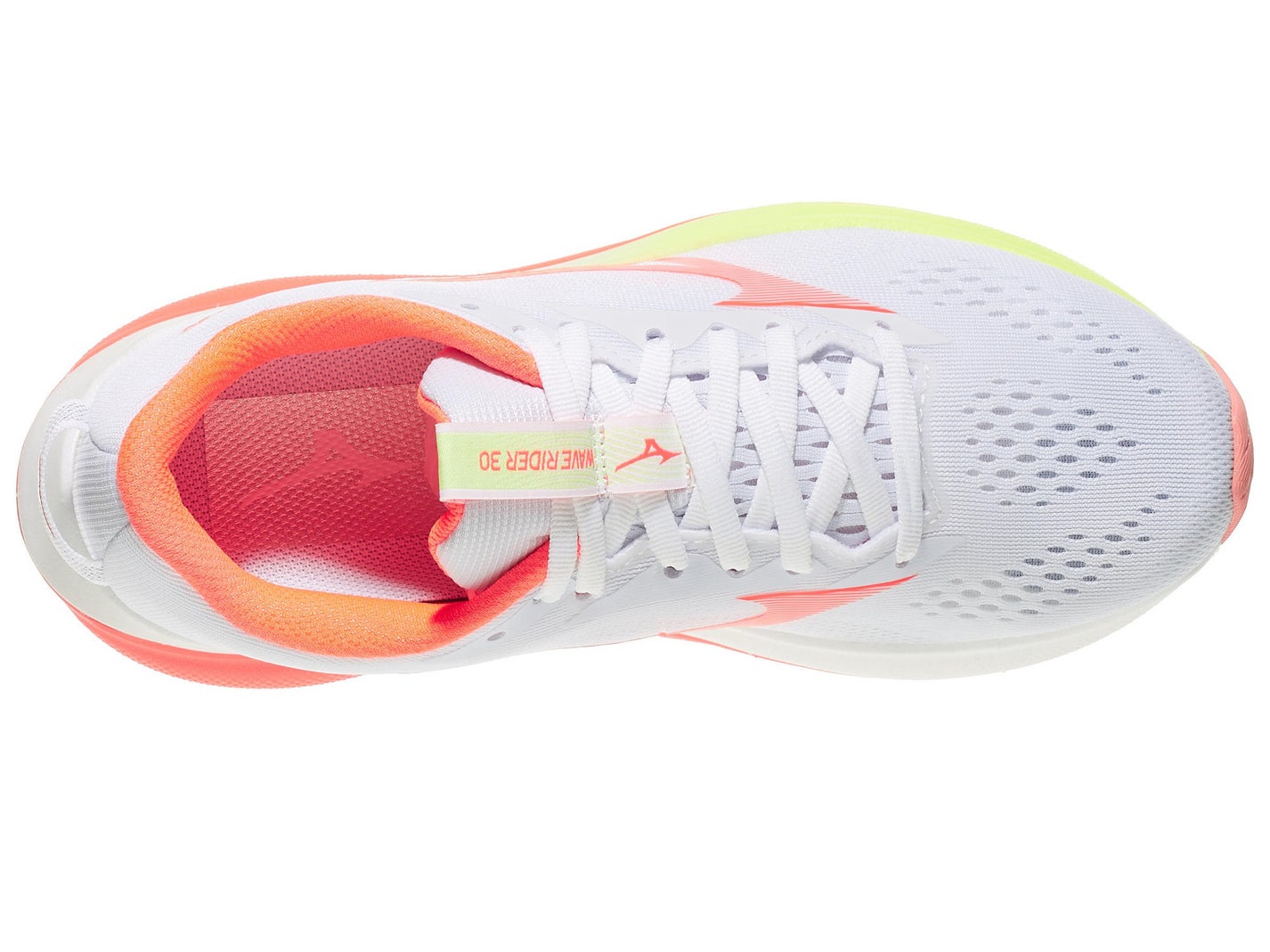 Top view of Women's Mizuno Wave Rider 30 in a White/Flamingo Coral colorway