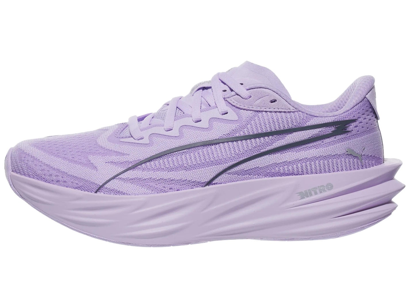 Women's PUMA Deviate Pure Nitro left shoe lateral view, featured in a lavendar/ink colorway