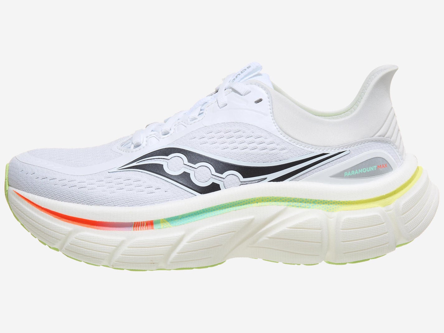 Women's Saucony Paramount Max left shoe facing left in a white/multi colorway