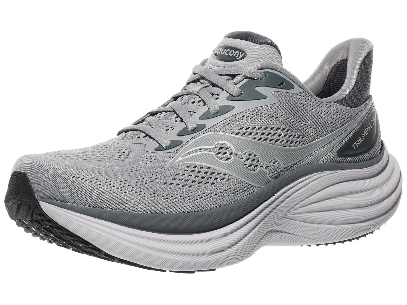 Angled lateral view of a Men's Saucony Triumph 24 in a Silver/grey