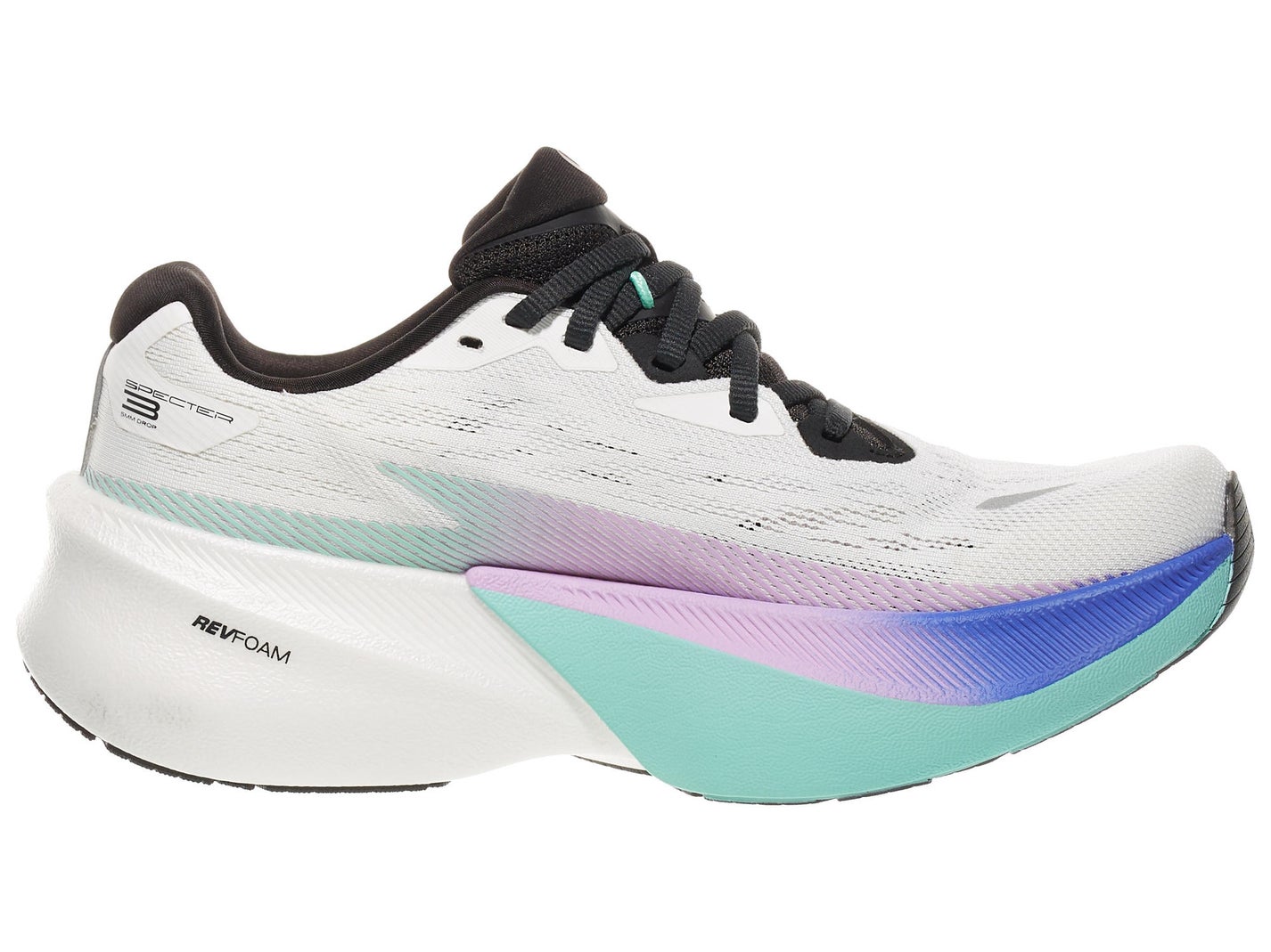 Medial view of Women's Topo Specter 3 in a White/Teal colorway