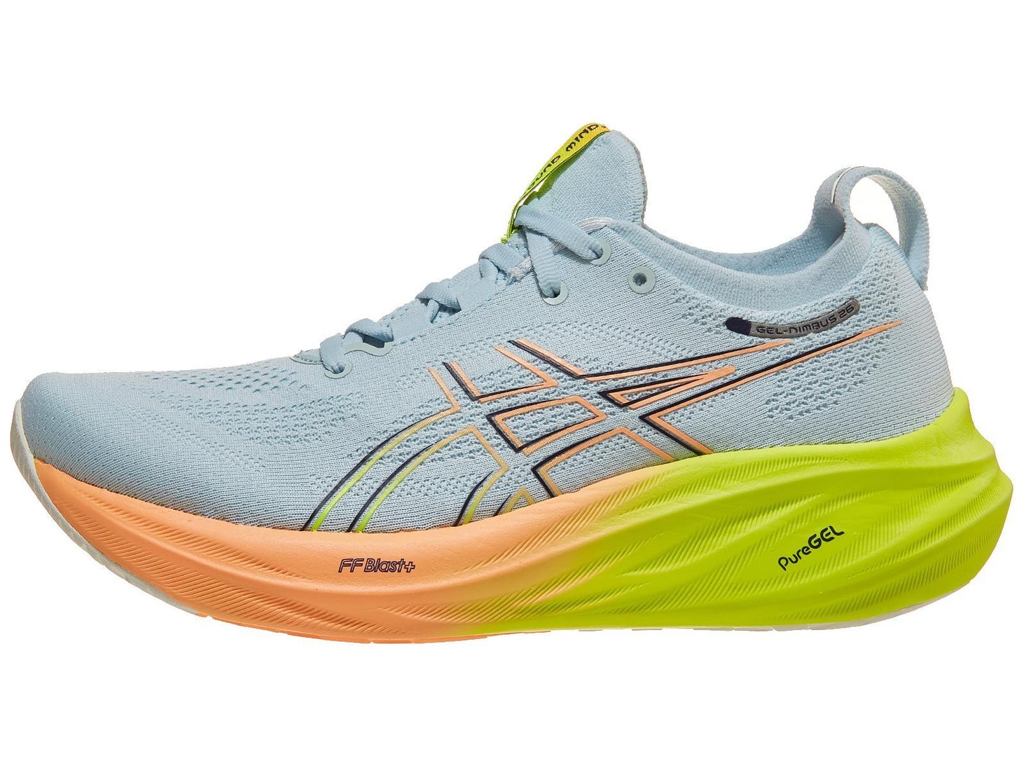 ASICS Gel Nimbus 26 in light blue upper, yellow and orange midsole