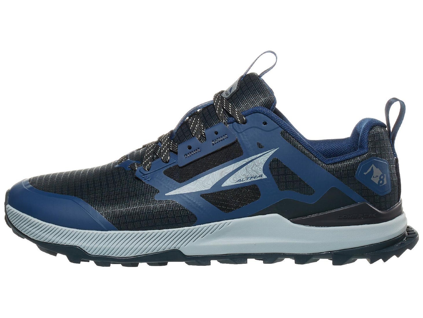 Altra Lone Peak shoe side view, blue and black color