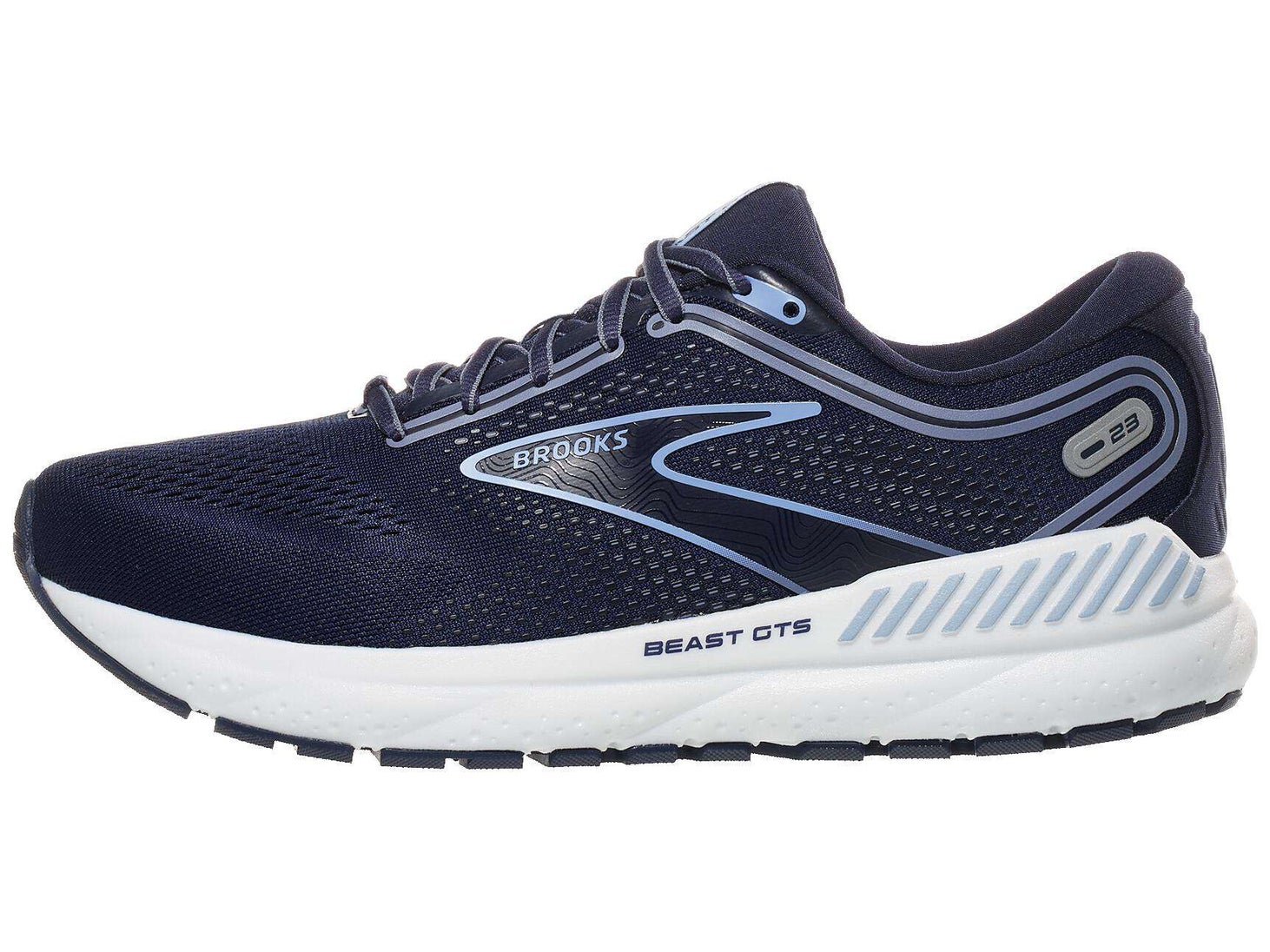 Brooks Beast shoe side view, navy and white color
