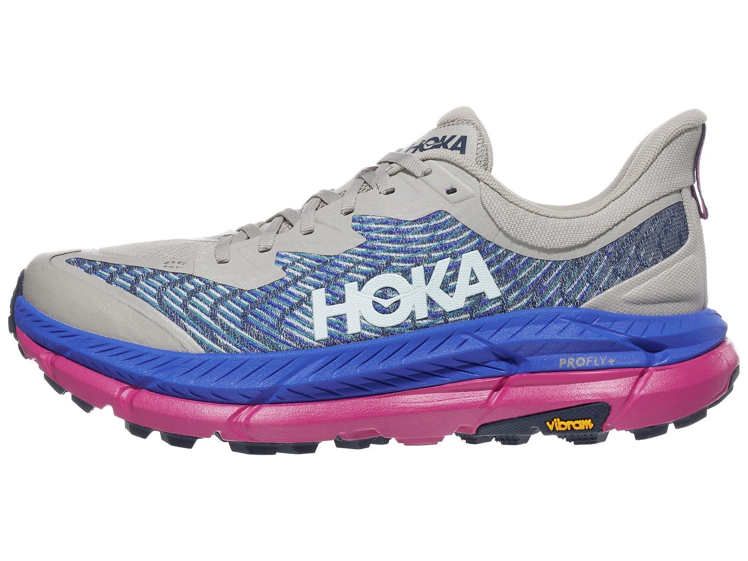 HOKA Mafate - Best HOKA Trail Shoe for Rugged Long Runs, gray/blue upper, purple/pink midsole