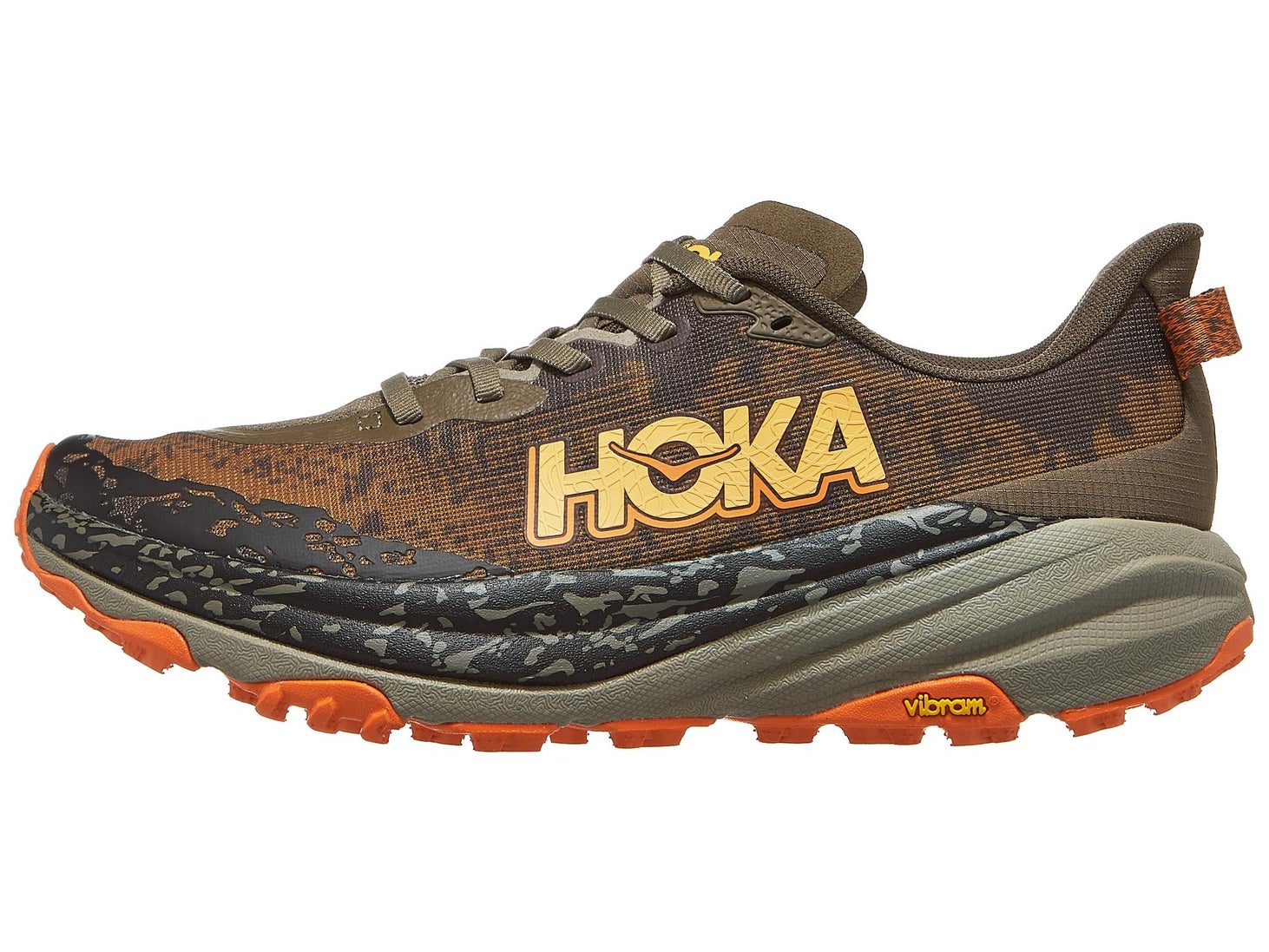 HOKA Speedgoat 6 in olive green color with brown upper - Best HOKA Trail Shoe for All-around performance 