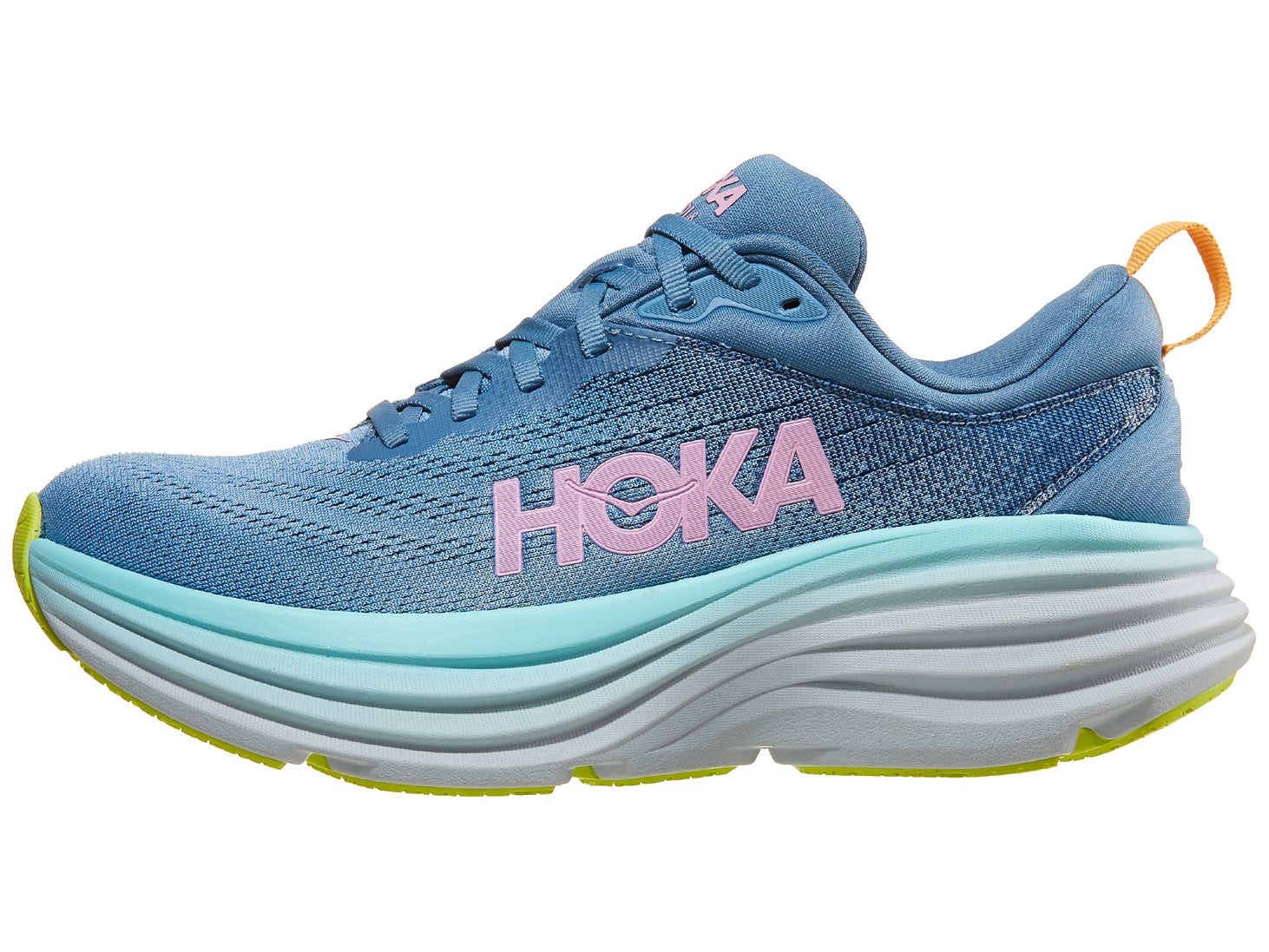 HOKA Bondi 8 in blue upper light blue midsole and neon green outsole