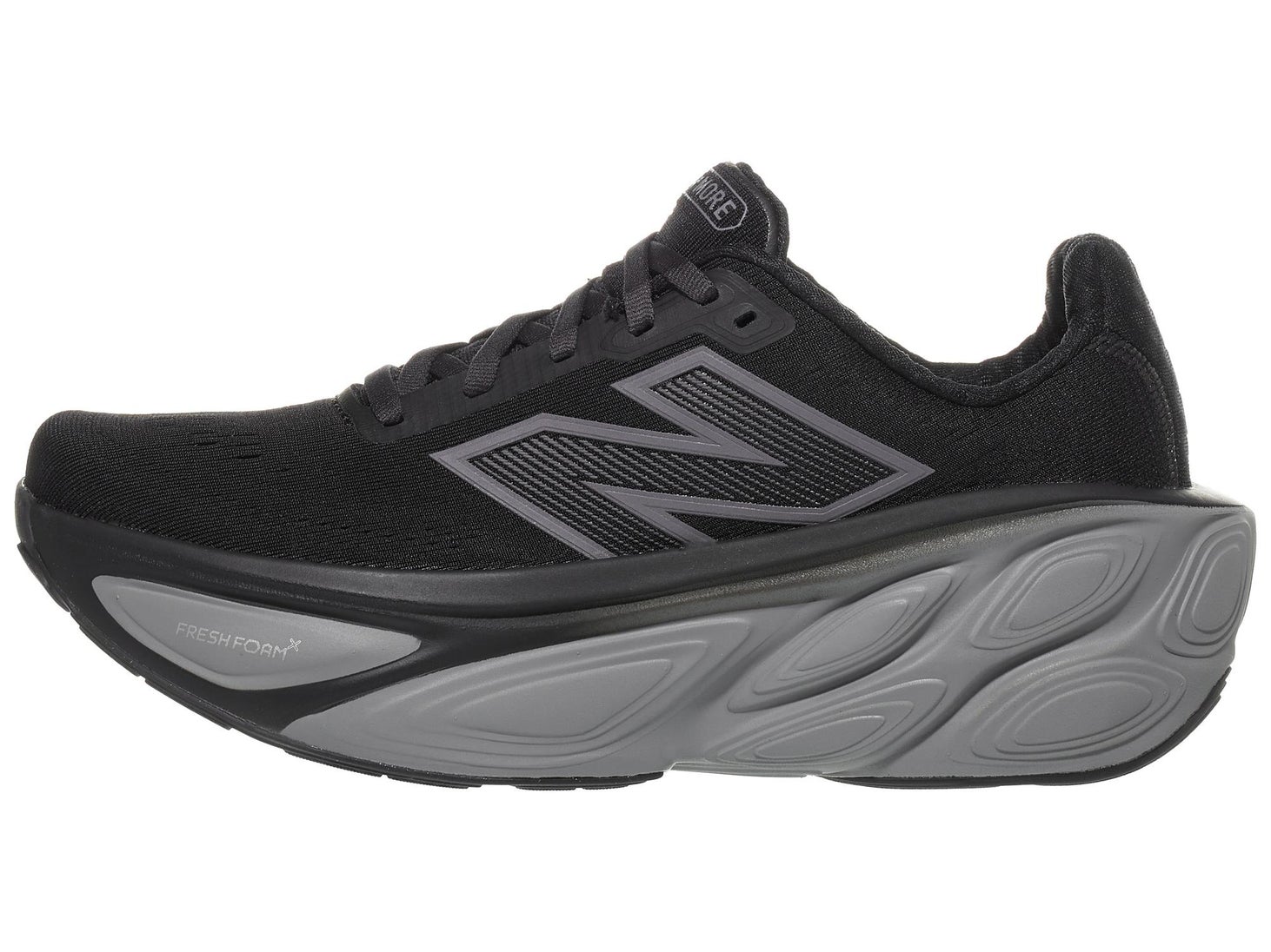 Best Max Cushion Running Shoe New Balance More v5 in all black, gray midsole