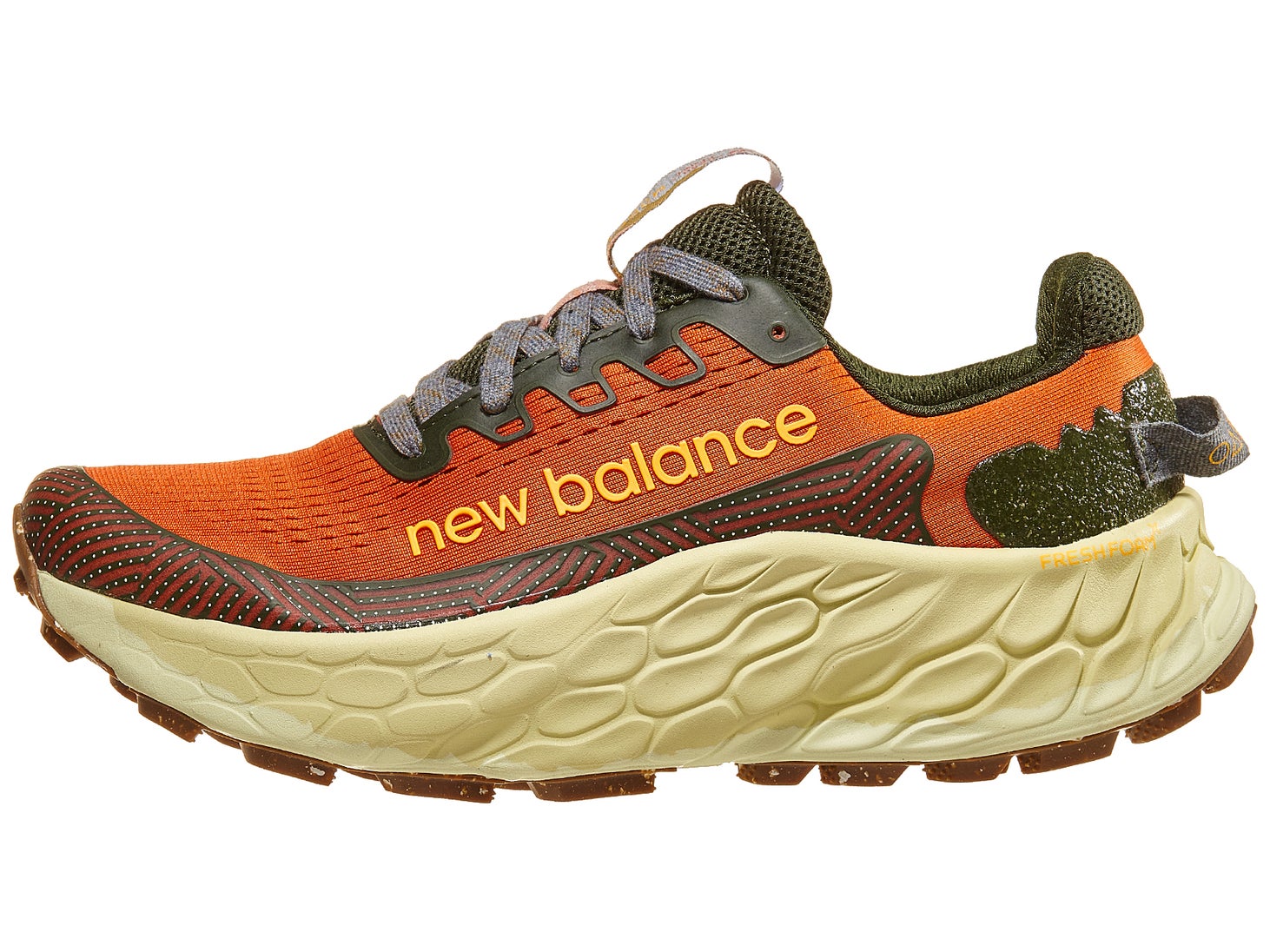 Side view of New Balance Fresh Foam More Trail X shoe, in burnt orange with yellow midsole