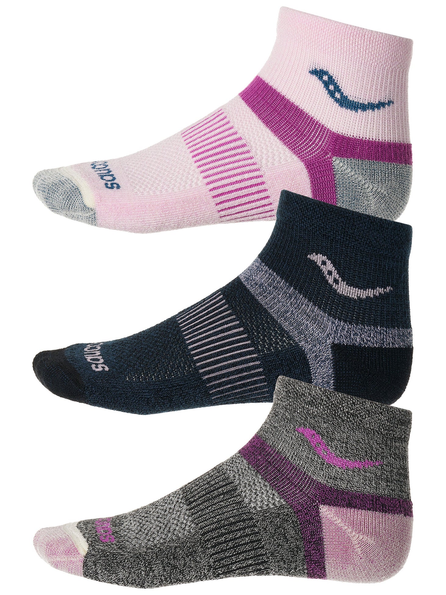 Saucony Inferno Merino Wool Quarter Socks 3PK Pink Running Warehouse