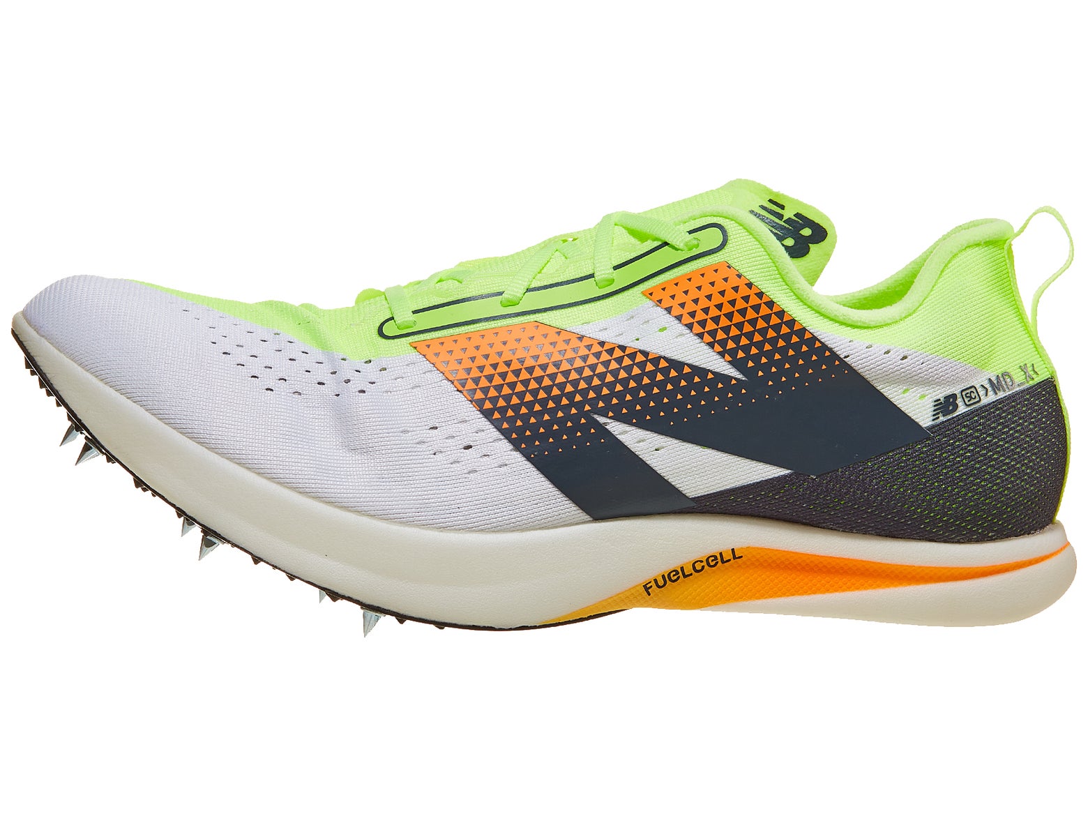 Brightly colored New Balance FuelCell SuperComp MD-X v3 track shoe with neon green and white mesh, featuring orange accents and spikes. Stylish and sporty, designed for performance.