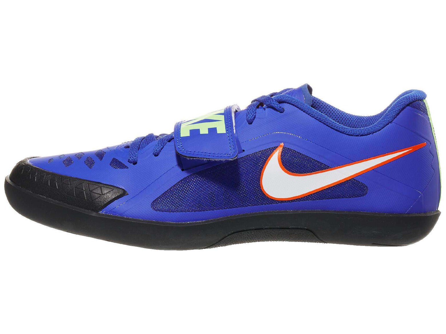 Side view of Nike Zoom Rival SD throw shoe in blue color orange and white swoosh