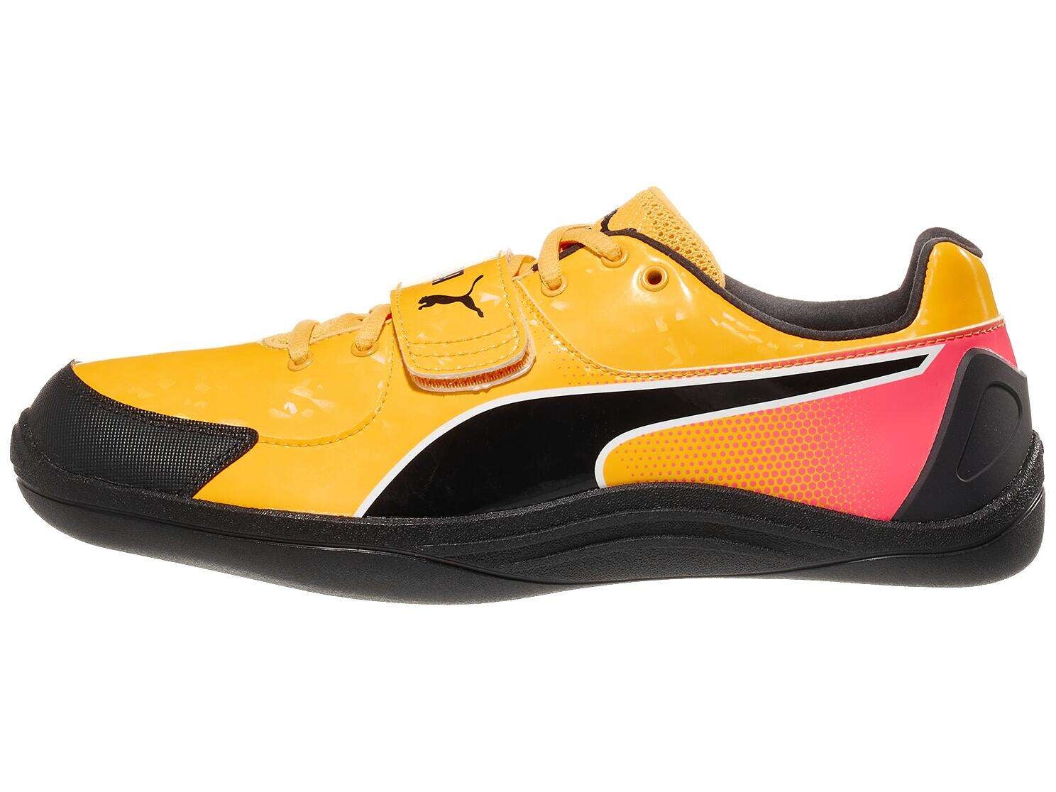 Side view of PUMA evoSpeed Throw 10 track and field shoe in yellow and pink colorway