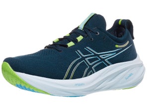 Medial side of right shoe of ASICS Gel Nimbus 26. Upper is navy blue. Midsole is light blue.