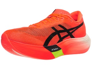 Angled view of pair of ASICS METASPEED Sky Paris. Upper is red with black ASICS logo. Midsole is painted red.