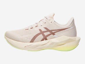 ASICS Novablast 6 left shoe facing left Rose Dust/Yellow Colorway