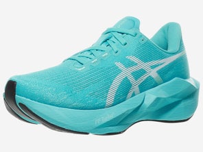 ASICS Novablast 6 Energy Aqua/White Colorway angled forward