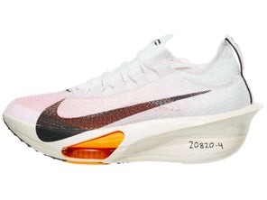 Lateral view of left shoe of Nike Alphafly Next% 3.Upper is white with black Nike logo and midsole is white.
