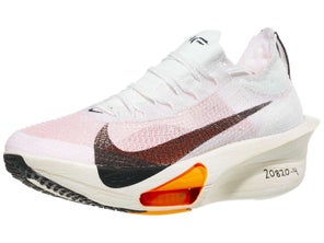 Angled view of lateral side of left shoe of Nike Alphafly Next% 3. Upper is white with black Nike logo. Midsole is white.