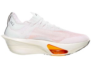 Medial side view of left shoe of Nike Alphafly Next% 3. Upper is white. Midsole is white.
