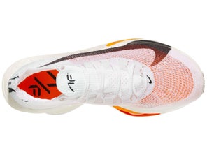 Overhead view of left shoe of Nike Alphafly Next% 3. Upper is white.
