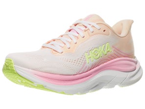 HOKA Clifton 11 women's shoe in Tangerine/White, angled lateral view with toe forward