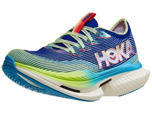 Lateral side of left shoe of the HOKA Cielo X1. Upper is blue and green. Midsole is painted blue and green and white.