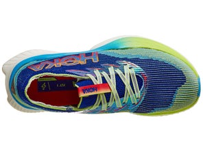 Overhead view of left shoe of the HOKA Cielo X1. Shoe is blue and green.
