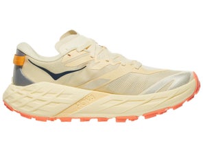 HOKA Speedgoat 7 in Vintage Yellow/Neon Flame, left shoe pointing right