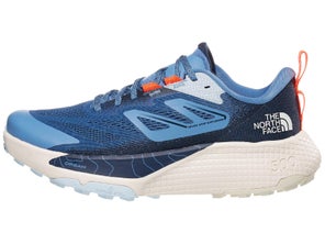 Lateral side of left shoe of The North Face Altamesa 500. Upper is blue. Midsole is blue and white. 