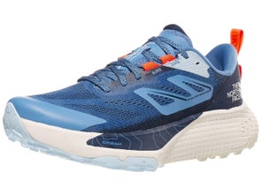 Lateral side of left shoe of The North Face Altamesa 500. Upper is blue. Midsole is blue and white. 