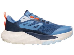 Medial side of left shoe of The North Face Altamesa 500. Upper is blue. Midsole is blue and white. 