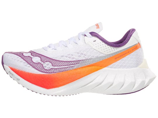 A white, purple, and orange women’s sneaker