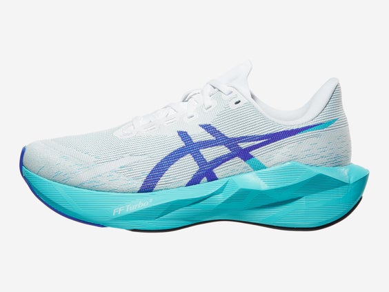 ASICS Novablast white and blue left shoe facing left