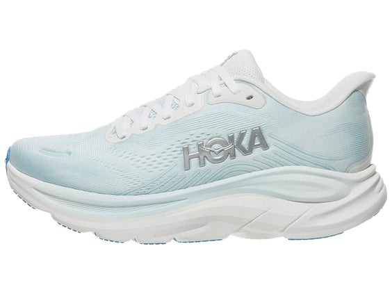 Women's Hoka Clifton 11 left shoe facing left in a white, light blue colorway
