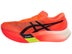 Lateral view of left shoe of ASICS METASPEED Sky Paris. Upper is red with black ASICS logo. Midsole is painted red.
