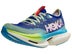Lateral side of left shoe of the HOKA Cielo X1. Upper is blue and green. Midsole is painted blue and green and white.