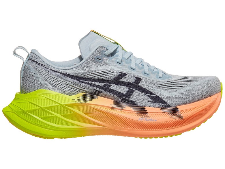 ASICS Superblast in light blue/gray upper and orange/yellow midsole