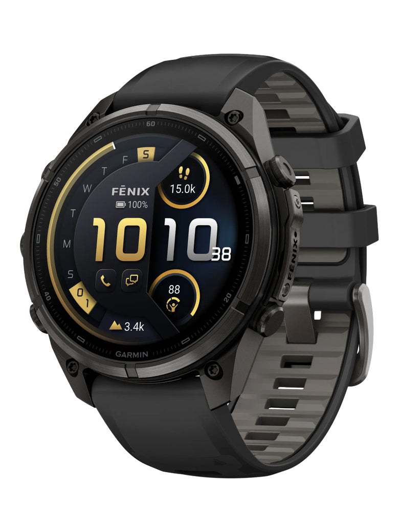 Best Advanced GPS Running Watch Garmin fenix 9 Pro AMOLED front angle view, in black and gold