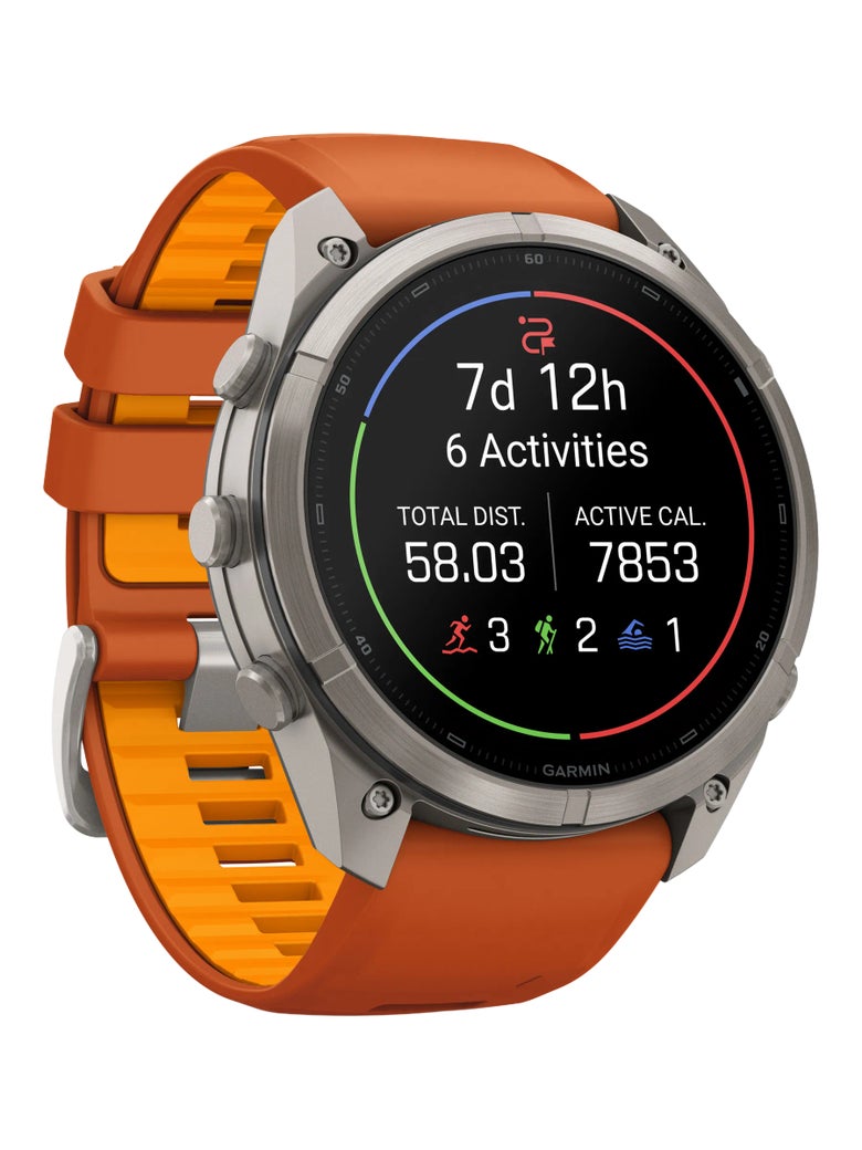 Best Advanced GPS Running Watch Garmin fenix 9 Pro AMOLED angled right view, in orange