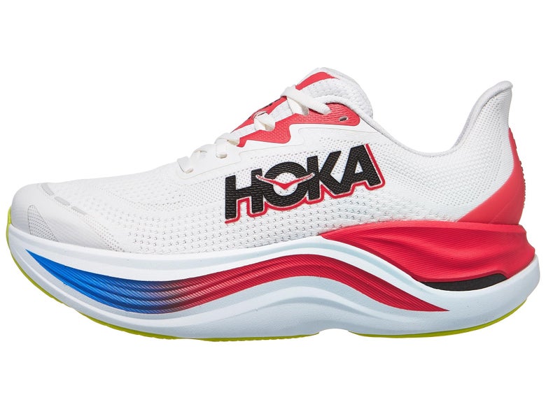 HOKA Men's Skyward X, white with red and blue accent, left shoe facing left, Best Super Trainer & Best Max Cushioning