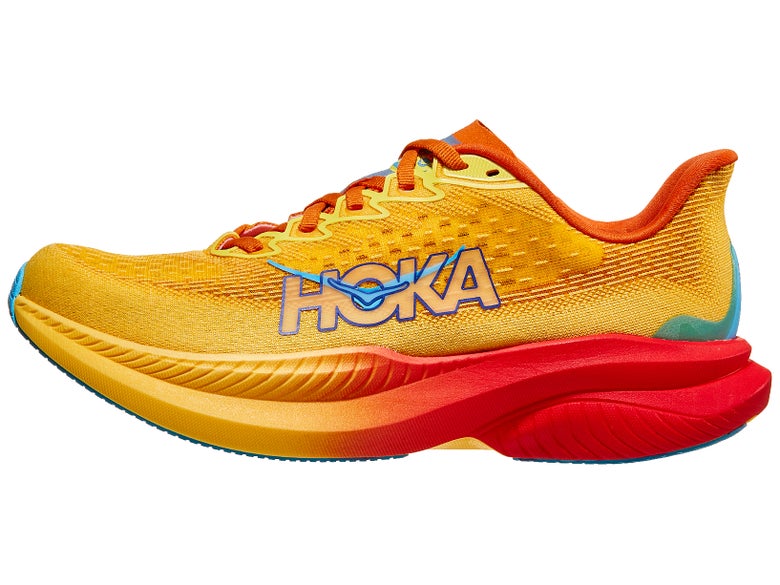 Women's HOKA Mach 6, left shoe facing left, yellow/orange with red, Best Light & Responsive Bang for the Buck