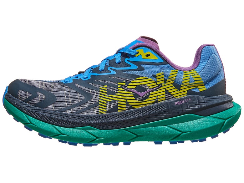 HOKA Tecton X 2. Upper is gray and blue with a yellow HOKA logo. Midsole is 2 different shades of blue