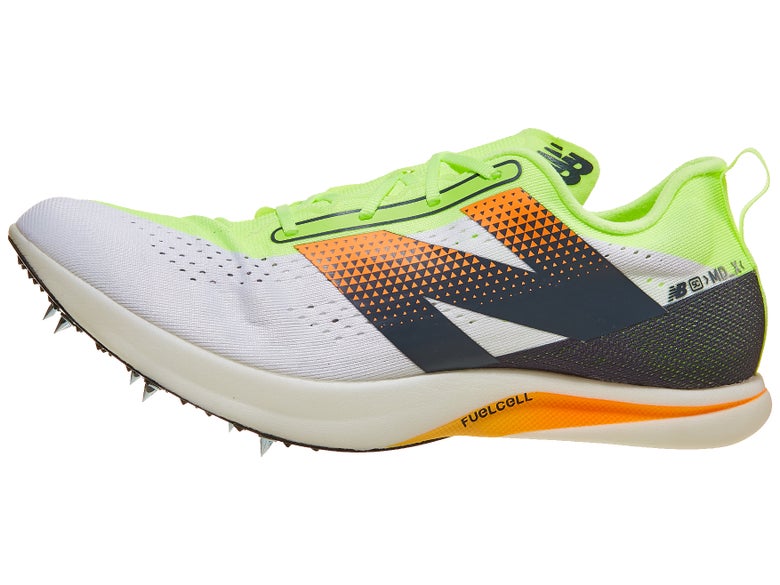 New Balance FuelCell SuperComp MD-X v3, single left shoe facing left, white color with lime and orange accents