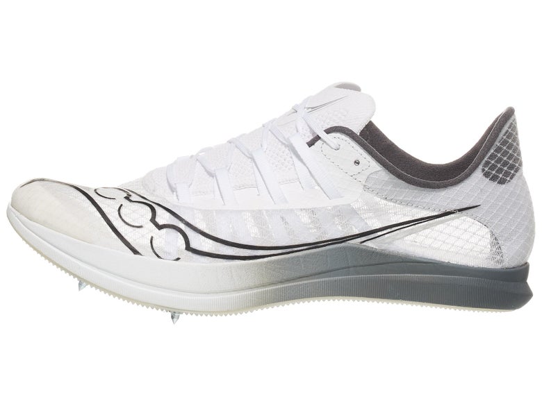 Saucony Terminal VT track spike, single left shoe facing left, with white semi-transparent upper with grey accents