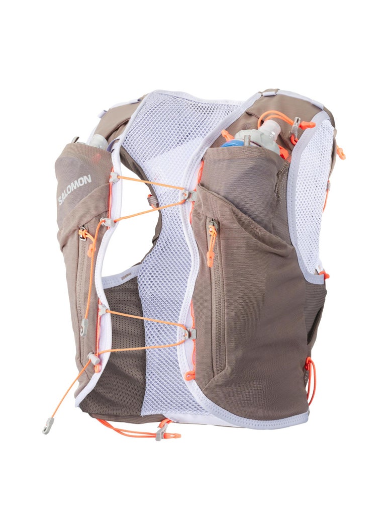 Front view of Salomon Women's ADV Skin Set Hydration vest in khaki and white color