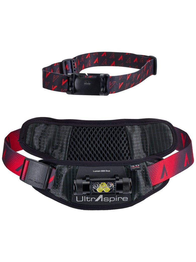 Headband above and Lumen 850 Duo on waistband front view