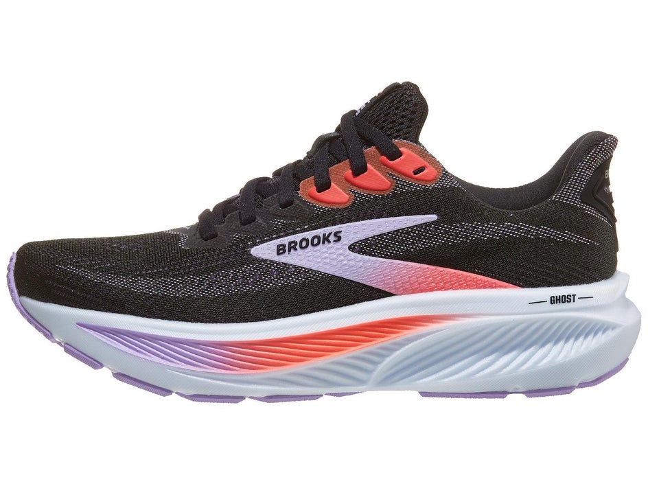 lateral view of a women's Brook Ghost 17 in a black/purple/coral colorway