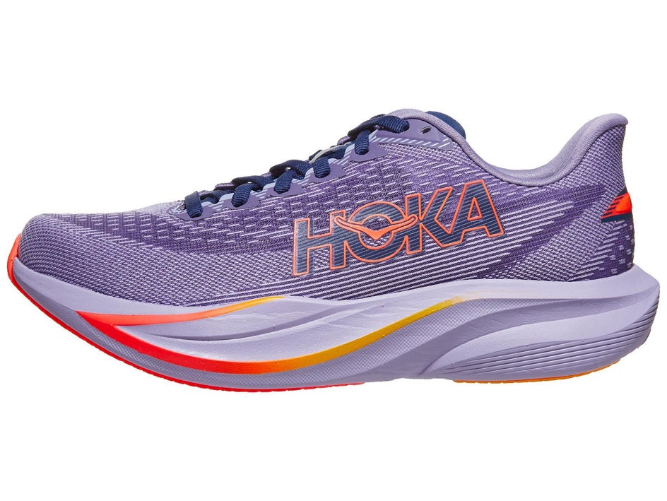 Lateral view of a women's HOKA Mach 7 in a berry jam/berry patch colorway