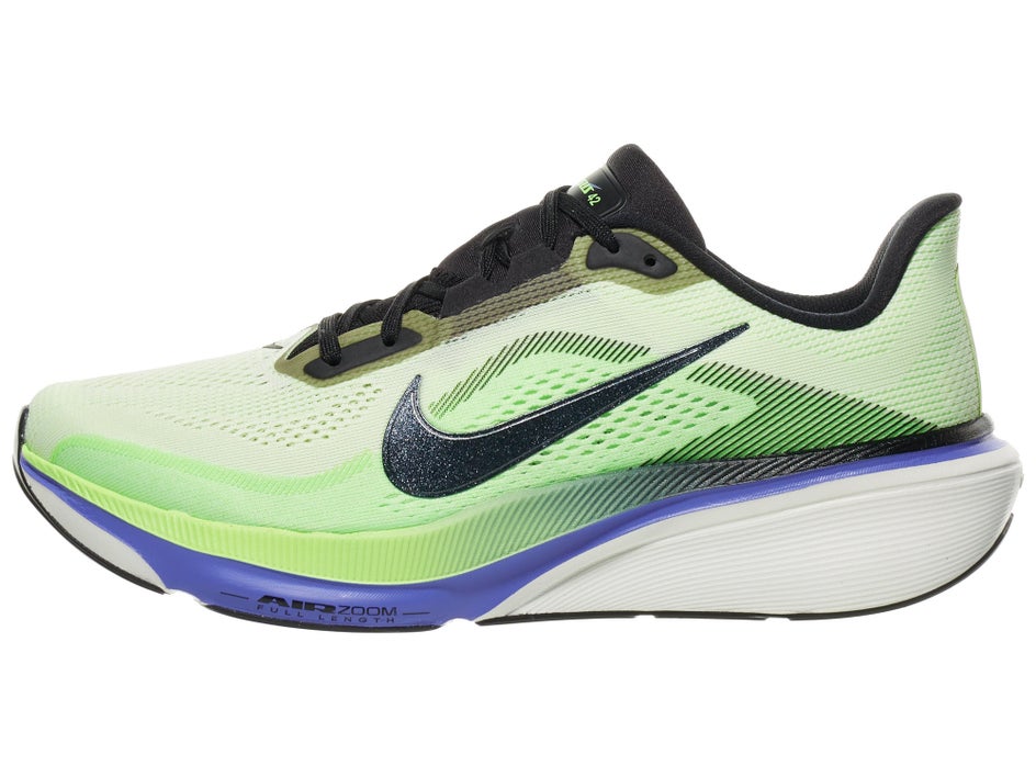 lateral product shot of a men's Nike Pegasus 42 daily trainer in a volt/black/sapphire colorway